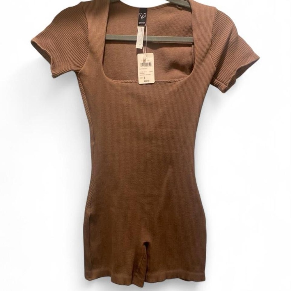Brown Ribbed Short Sleeve Romper